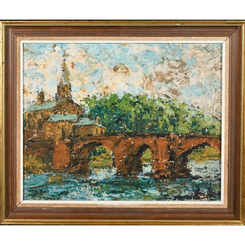 603 - F. Gore, A Continental river bridge with a church beyond, oil on board, signed, 16