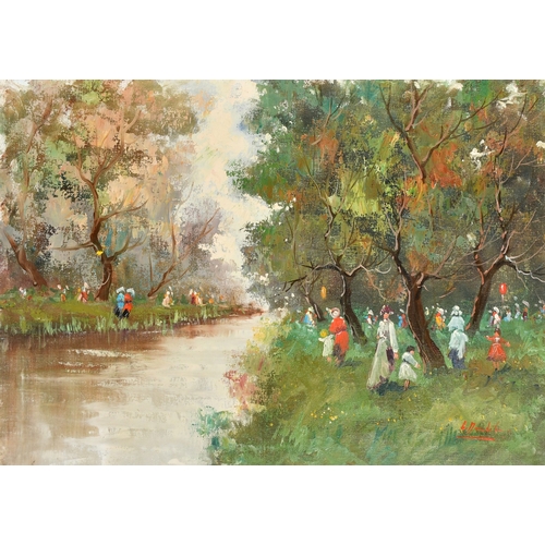 605 - 20th Century Continental School, Figures promenading on a riverside, oil on canvas, indistinctly sig... 