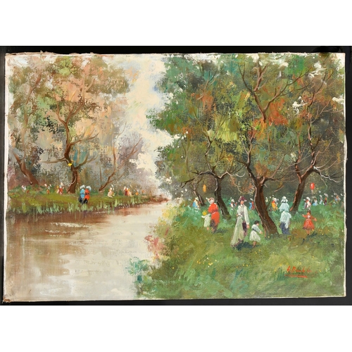 605 - 20th Century Continental School, Figures promenading on a riverside, oil on canvas, indistinctly sig... 