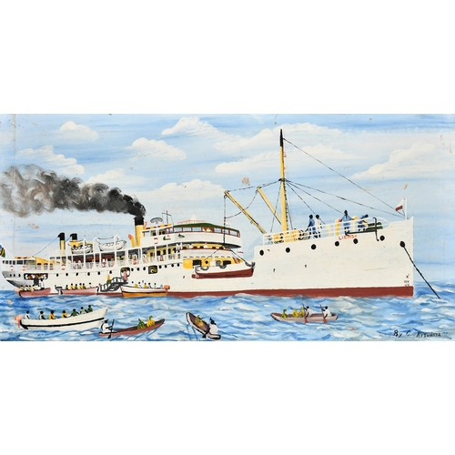 606 - Constantin Kiswanta,  Liemba a steam ship and a colonial villa, oils on canvas, both signed, 16.5