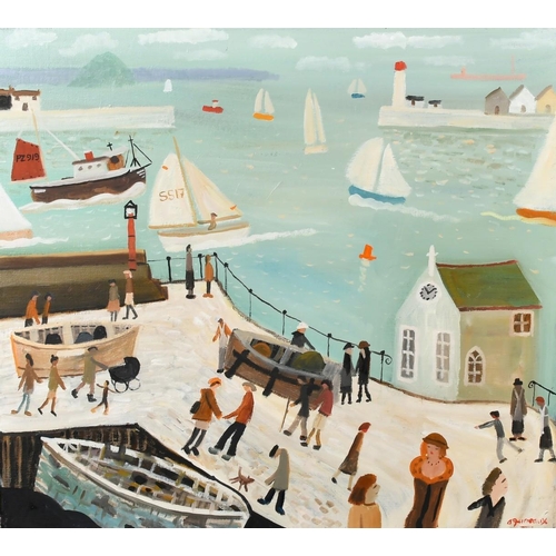 610 - Alan Furneaux (b. 1953) British,  Figures on a walkway next to the sea and sailing boats inside the ... 