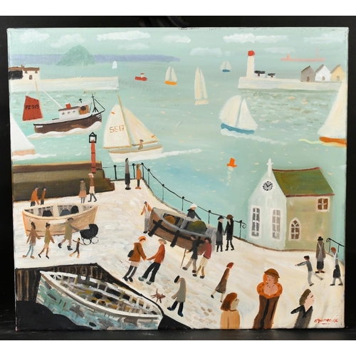 610 - Alan Furneaux (b. 1953) British,  Figures on a walkway next to the sea and sailing boats inside the ... 