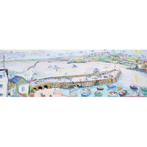 611 - Linda Weir (b. 1951), boats in a harbour in St. Ives, oil on canvas, signed with initials, 15.75