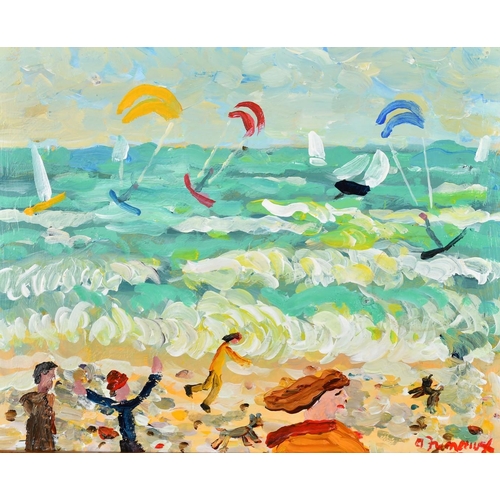 613 - Alan Furneaux (b. 1953) British, 'Kite Surfers Marazion', oil on board, signed, 8