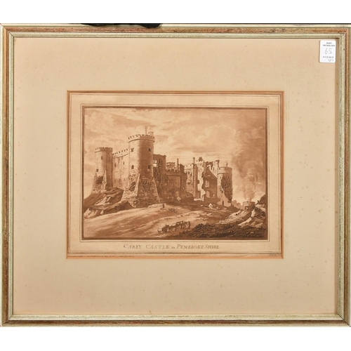 65 - Paul Sandby, a pair of 18th Century sepia aquatints, 'Carey Castle, Pembrokeshire', and 'Pembroke Ca... 