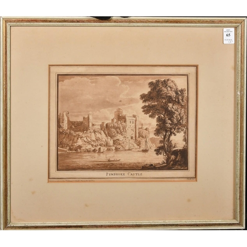 65 - Paul Sandby, a pair of 18th Century sepia aquatints, 'Carey Castle, Pembrokeshire', and 'Pembroke Ca... 