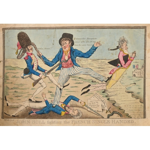 75 - Early 19th Century Satirical print, 'John Bull Fighting the French Single Handed', hand coloured eng... 