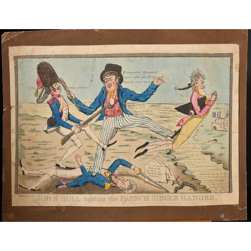 75 - Early 19th Century Satirical print, 'John Bull Fighting the French Single Handed', hand coloured eng... 