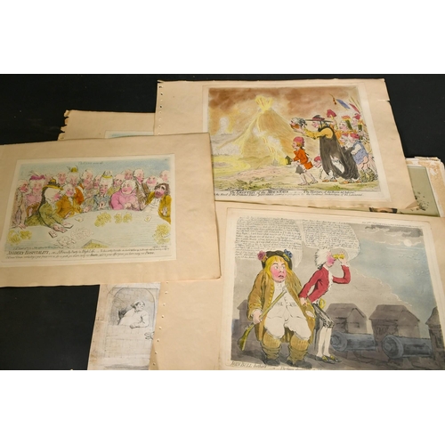 90 - After James Gillray, Four hand coloured caricatures and two others by different hands, around 13