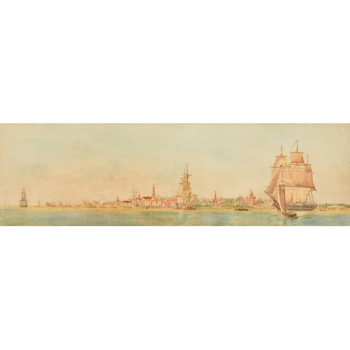 95 - Attributed to Harold Wyllie, Coastal scene with Tall ships and other craft, coloured etching, 4.75