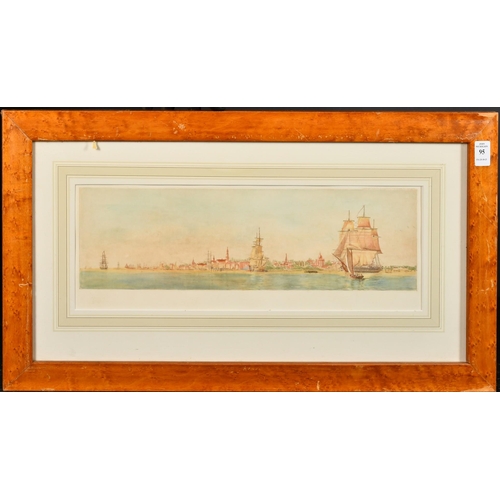 95 - Attributed to Harold Wyllie, Coastal scene with Tall ships and other craft, coloured etching, 4.75