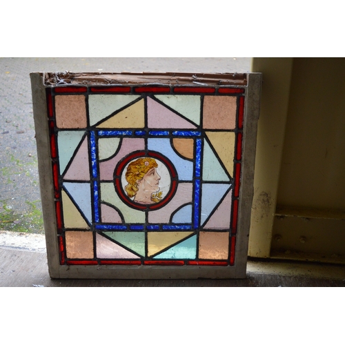 11 - A good collection of stained glass panels with etched and painted decoration.