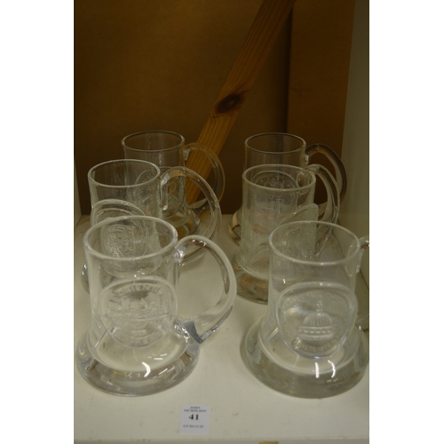 41 - Six Commemorative glass tankards.