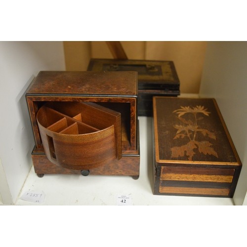 42 - A burr wood cigarette dispenser and two other boxes.