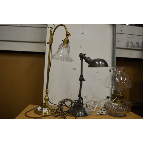 59 - Two desk lamps and a cut glass lamp.