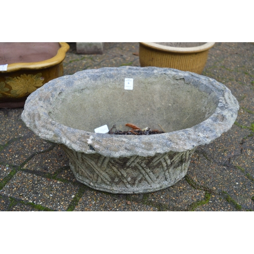 6 - A reconstituted stoneware basket weave style planter and shallow bird bath.