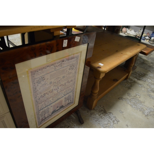 86 - A fire screen, pine two tier coffee table and a pine bench seat.