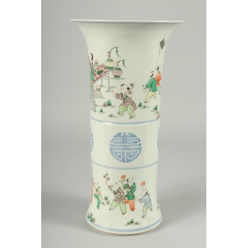 106 - A CHINESE FAMILLE VERTE PORCELAIN GU SHAPE VASE, decorated with boys and longevity symbols, 34cm hig... 