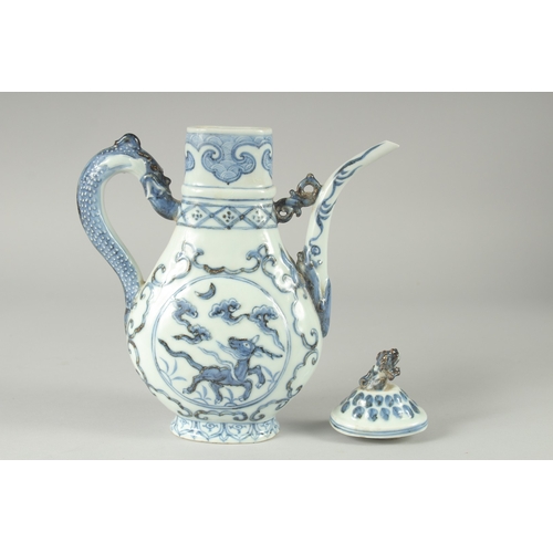 110 - A CHINESE EXPORT ISLAMIC MARKET BLUE AND WHITE PORCELAIN LIDDED EWER, 27cm high.