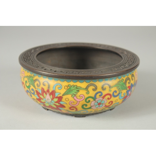 126 - A CHINESE CLOISONNE ENAMELLED BRONZE CENSER, with copper wire floral motifs on a yellow ground, 15.5... 