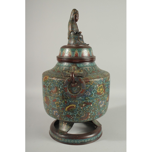 133 - A LARGE CHINESE CLOISONNE ENAMELLED BRONZE JAR AND COVER, with figure of Guanyin to the cover, the j... 