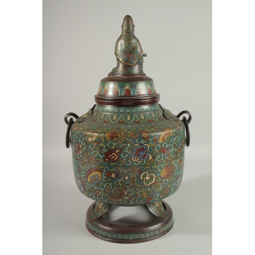 133 - A LARGE CHINESE CLOISONNE ENAMELLED BRONZE JAR AND COVER, with figure of Guanyin to the cover, the j... 