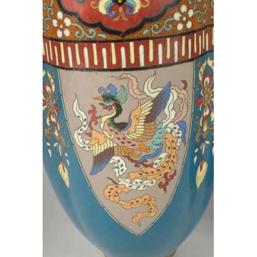 134 - A LARGE PAIR OF LATE 19TH - EARLY 20TH CENTURY JAPANESE CLOISONNE VASES, decorated with panels of st... 