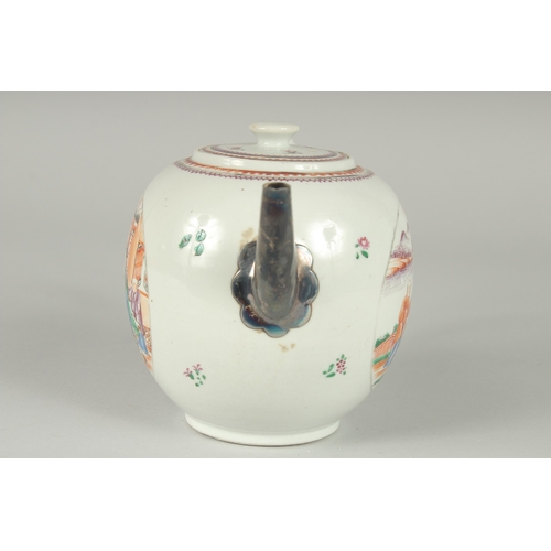 136 - A 19TH CENTURY CHINESE EXPORT FAMILLE ROSE PORCELAIN TEAPOT, painted with a circular panel to each s... 