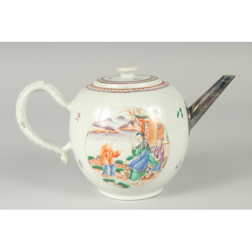 136 - A 19TH CENTURY CHINESE EXPORT FAMILLE ROSE PORCELAIN TEAPOT, painted with a circular panel to each s... 