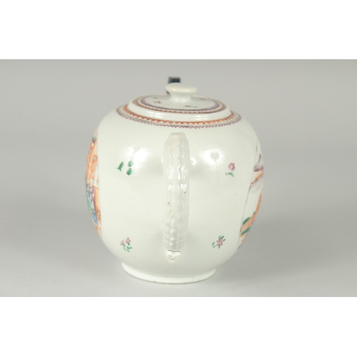 136 - A 19TH CENTURY CHINESE EXPORT FAMILLE ROSE PORCELAIN TEAPOT, painted with a circular panel to each s... 