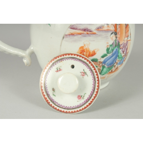 136 - A 19TH CENTURY CHINESE EXPORT FAMILLE ROSE PORCELAIN TEAPOT, painted with a circular panel to each s... 