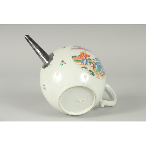 136 - A 19TH CENTURY CHINESE EXPORT FAMILLE ROSE PORCELAIN TEAPOT, painted with a circular panel to each s... 