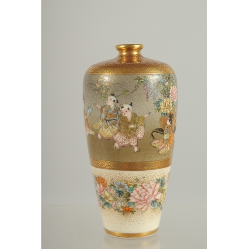 141 - A VERY FINE MINIATURE JAPANESE SATSUMA VASE, beautifully painted children amongst vases of flowers, ... 