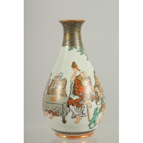 143 - A JAPANESE KUTANI PORCELAIN BOTTLE VASE, painted with figures with fine gilt highlights, the base wi... 