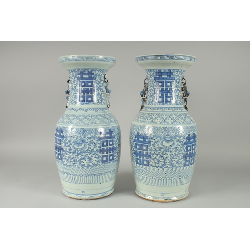 150 - A PAIR OF 19TH CENTURY CHINESE BLUE AND WHITE PORCELAIN VASES, with moulded twin handles in the form... 