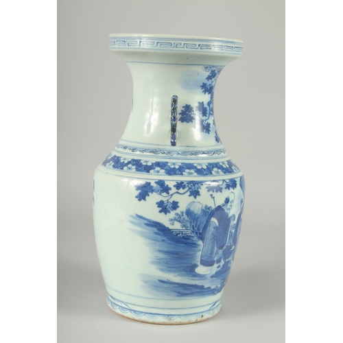 151 - A 19TH CENTURY CHINESE BLUE AND WHITE PORCELAIN TWIN HANDLE VASE, the body painted with immortals, 3... 