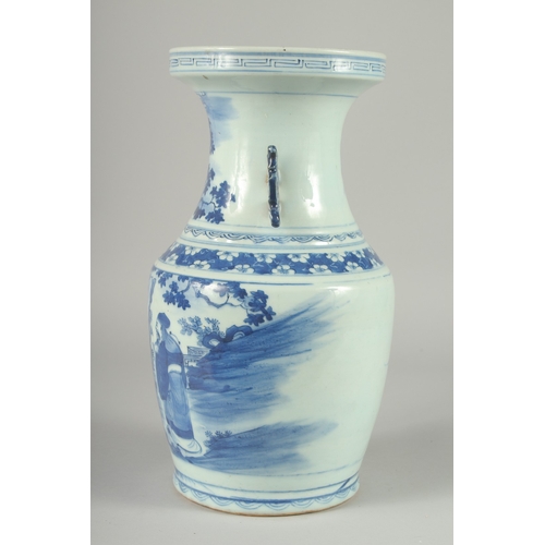 151 - A 19TH CENTURY CHINESE BLUE AND WHITE PORCELAIN TWIN HANDLE VASE, the body painted with immortals, 3... 