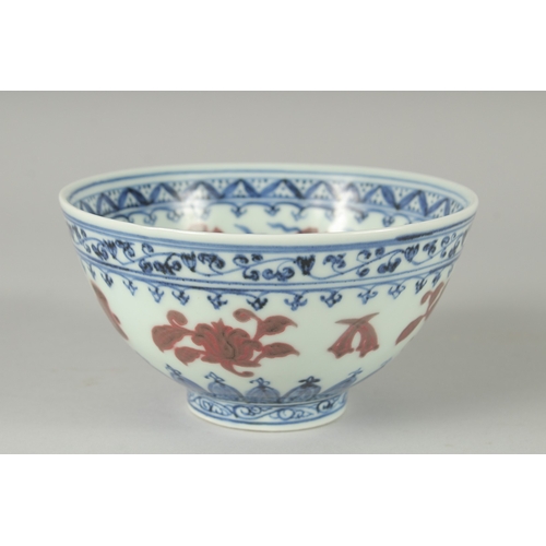 158 - A CHINESE BLUE AND WHITE WITH UNDERGLAZE RED PORCELAIN BOWL, the base with six-character Ming mark -... 