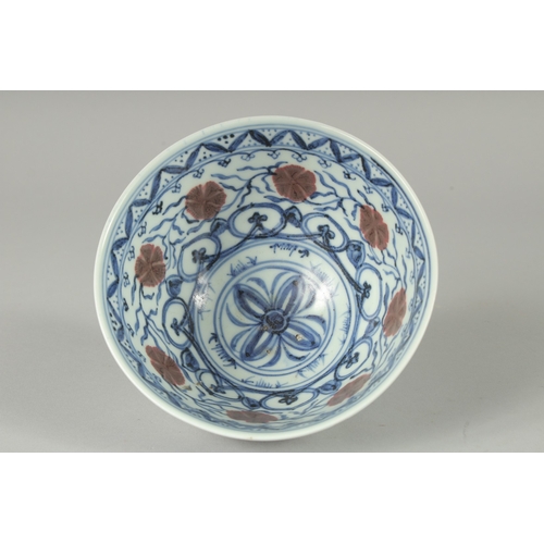 158 - A CHINESE BLUE AND WHITE WITH UNDERGLAZE RED PORCELAIN BOWL, the base with six-character Ming mark -... 