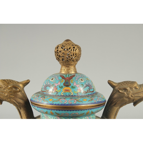 162 - A FINE CHINESE BLUE GROUND CLOISONNE TRIPOD CENSER AND COVER, with twin dragon-head brass handles an... 