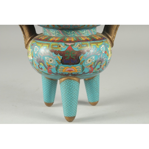 162 - A FINE CHINESE BLUE GROUND CLOISONNE TRIPOD CENSER AND COVER, with twin dragon-head brass handles an... 