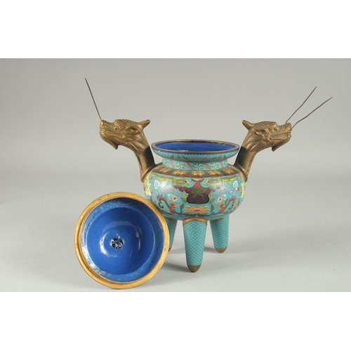 162 - A FINE CHINESE BLUE GROUND CLOISONNE TRIPOD CENSER AND COVER, with twin dragon-head brass handles an... 