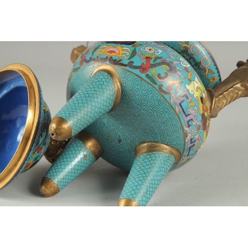 162 - A FINE CHINESE BLUE GROUND CLOISONNE TRIPOD CENSER AND COVER, with twin dragon-head brass handles an... 