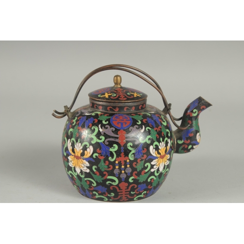 163 - A FINE CHINESE QING CLOISONNE WINE POT, marked Tong Shun Tang, the pot decorated with longevity symb... 