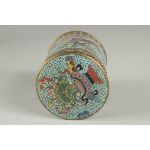 166 - A CHINESE BLUE GROUND CLOISONNE CYLINDRICAL BOX AND COVER, decorated with various objects, the base ... 