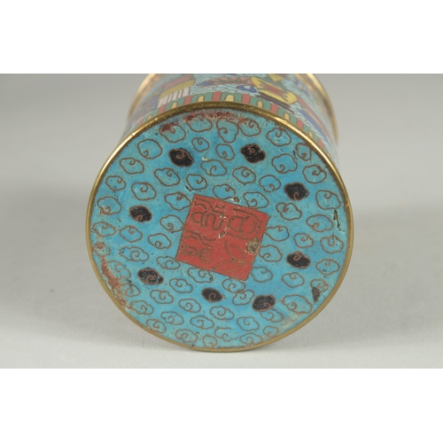 166 - A CHINESE BLUE GROUND CLOISONNE CYLINDRICAL BOX AND COVER, decorated with various objects, the base ... 