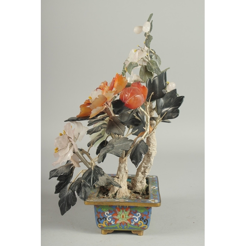 167 - A CHINESE HARDSTONE BONSAI TREE IN A CLOISONNE PLANTER, the petals with carved jade and other stones... 