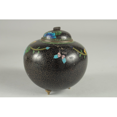 169 - A CHINESE BLACK GROUND CLOISONNE JAR AND COVER, with glittered enamel flowers, 11cm high.