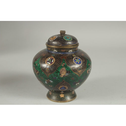 170 - A FINE JAPANESE CLOISONNE ENAMEL KORO, with glittered green enamel band with butterflies and decorat... 