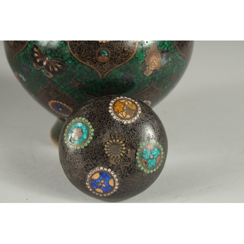 170 - A FINE JAPANESE CLOISONNE ENAMEL KORO, with glittered green enamel band with butterflies and decorat... 